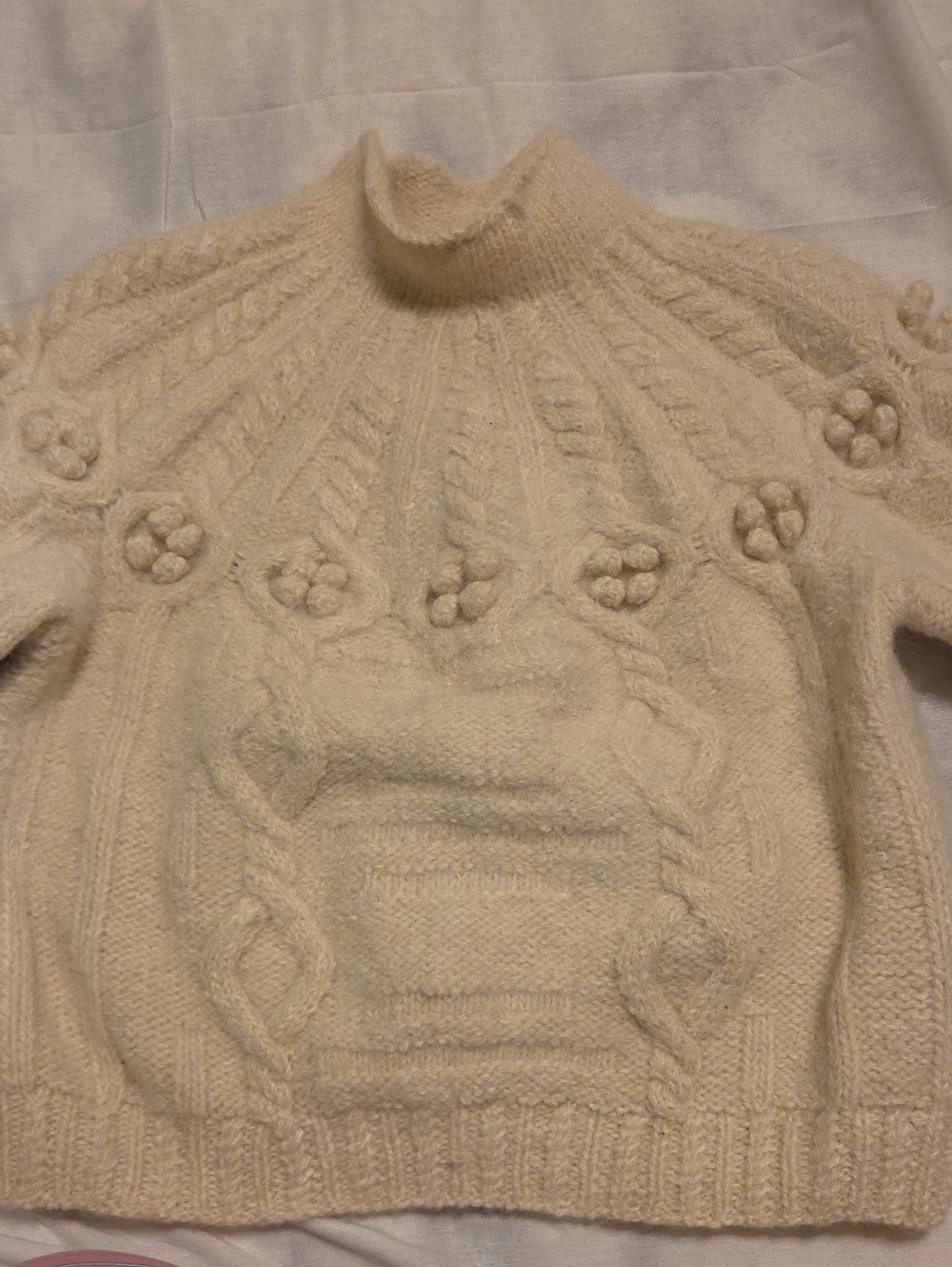 VTG Gaeltarra Irish Wool Cable Knit Sweater Cream 3D Floral Popcorn Yoke Coastal